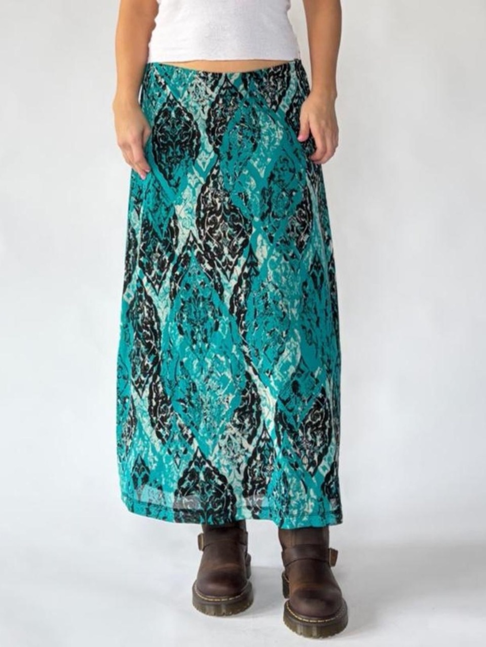 Midi Skirt Teal Printed Low Rise Medium
